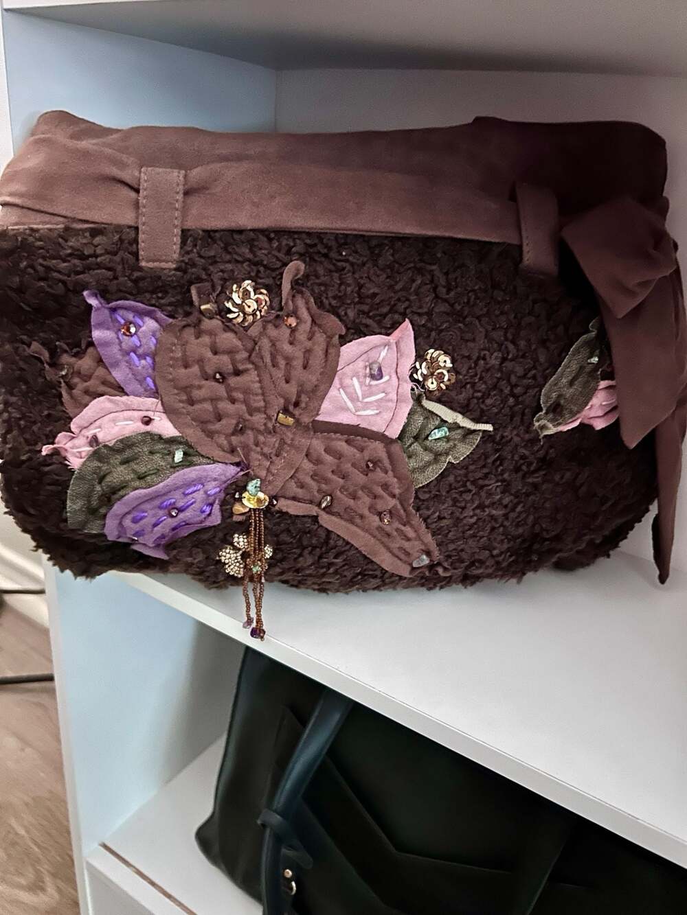 Far Nine Brown Faux Fur Shoulder Bag with Beaded Floral Applique